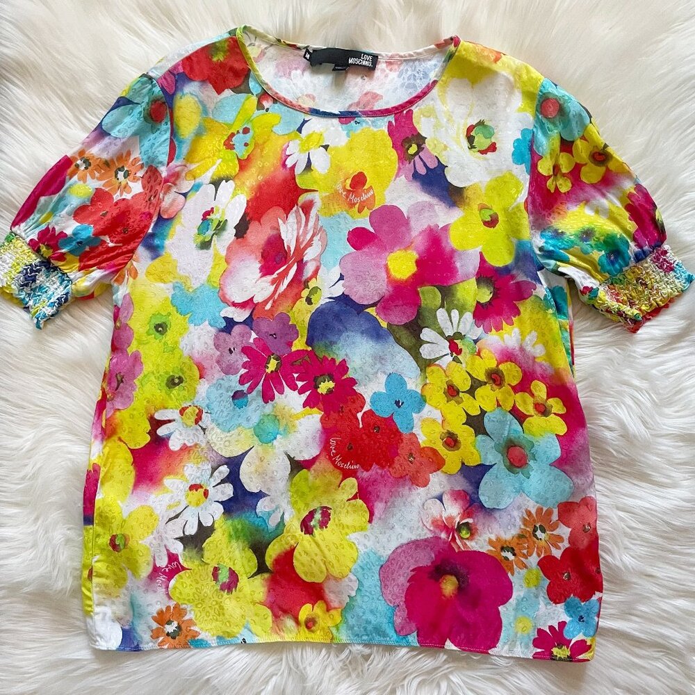 Love Moschino Size M Multicolour Floral Print Short Ruched Sleeve Blouse Top